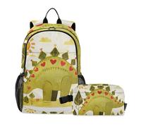 KLL Zaino a forma di cuore con dinosauro in stile scarabocchio con scatola per il pranzo per ragazzi (scenario) borse per libri per ragazzi con borsa per il pranzo età 8-10 anni