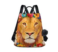KLL Zaino alla moda con animali leoni con ghirlande zaino da viaggio multiuso da viaggio per donne per viaggi, lavoro, tutti i giorni con portachiavi pompon