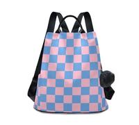 KLL Zaino alla moda con motivo a scacchiera rosa e blu per ragazze zaino multiuso per le donne per lo shopping quotidiano del college con portachiavi Pom-pom