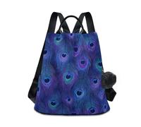 KLL Zaino alla moda con stampa di pelliccia di pavone animale blu viola per ragazze zaino scolastico casual per le donne per lo shopping quotidiano del college con portachiavi pompon
