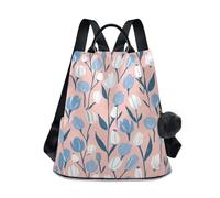 KLL Zaino alla moda con tulipani blu e bianchi pastello per lavoro zaino casual da donna con per viaggi, lavoro, tutti i giorni con portachiavi con pompon