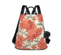 KLL Zaino alla moda per ragazze con crisantemi rossi ad acquerello Zaino per laptop antifurto per donne per viaggi, lavoro, tutti i giorni con portachiavi con pompon