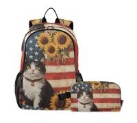 KLL Zaino con bandiera americana e grazioso gatto girasoli con borsa per il pranzo (scenario), set per la scuola e portapranzo, per ragazzi di età compresa tra 8 e 10 anni