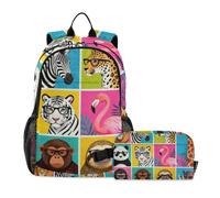 KLL Zaino con borsa per il pranzo, motivo: animali selvatici e divertenti, Pop Art