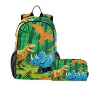 KLL Zaino con dinosauro Safari verde con scatola per il pranzo per ragazzi (scenario) borse per ragazzi della scuola 7-10