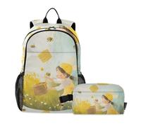 KLL Zaino con portapranzo Ragazzi Bee Raccolta Miele Prato | Borsa da scuola per ragazzo, zaino scolastico con borsa per il pranzo 10-12