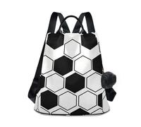 KLL Zaino da donna alla moda con motivo palla da calcio nero e bianco alla moda zaino alla moda per lo shopping quotidiano del college con portachiavi con pompon