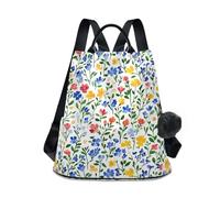 KLL Zaino da donna rustico con piccoli fiori blu e gialli, alla moda, leggero, per viaggi, lavoro, tutti i giorni, con portachiavi con pompon
