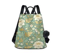 KLL Zaino da donna vintage con rosa bianca William Morris, color foglia di tè, alla moda, per computer portatile, antifurto, per viaggi, lavoro, tutti i giorni, con portachiavi con pompon
