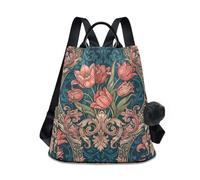 KLL Zaino da donna vintage con tulipani rosa William Morris, blu, alla moda, casual, leggero, per viaggi, lavoro, tutti i giorni, con portachiavi con pompon