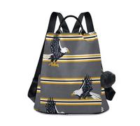 KLL Zaino da scuola casual da donna a righe giallo grigio alla moda, per viaggi, lavoro, tutti i giorni, con portachiavi con pompon