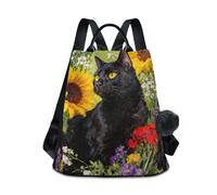 KLL Zaino da viaggio alla moda con gatto nero e fiori pittura a olio zaino casual per la scuola per le donne per viaggi, lavoro, tutti i giorni con portachiavi pompon