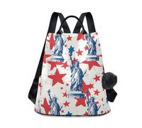KLL Zaino da viaggio alla moda con stella rossa e blu, Statua della Libertà, zaino alla moda per le donne che lavorano per lo shopping universitario quotidiano con portachiavi con pompon