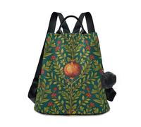 KLL Zaino da viaggio multiuso per computer portatile con motivo botanico melograno vintage verde intenso alla moda zaino universitario da donna per viaggi, lavoro, tutti i giorni, con portachiavi con