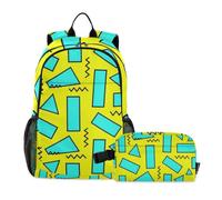 KLL Zaino E Lunch Box Per Ragazzi 80s Retro Astratto Giallo Blu | Set di libri con portapranzo per ragazze, borsa per la scuola e portapranzo per ragazzi di età compresa tra 8 e 10 anni