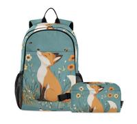 KLL Zaino E Lunch Box Per Ragazzi Cartoon Fox Teal | Libreria con portapranzo per ragazzi, borsa per la scuola e portapranzo, set per ragazzi di età compresa tra 8 e 10 anni