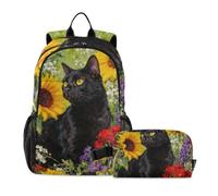 KLL Zaino E Lunch Box Per Ragazzi Gatto Nero E Fiori Pittura A Olio | Libreria con Lunchbox per ragazzi, zaino scuola ragazzo con contenitore per il pranzo 9-10 anni