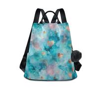 KLL Zaino grande con piume ad acquerello e cuore, alla moda, antifurto, borsa per le donne per lo shopping quotidiano del college con portachiavi con pompon