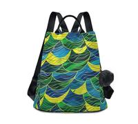 KLL Zaino leggero per laptop con squame di pesce verde e blu astratto moda zaino leggero per le donne con per lo shopping giornaliero del college con portachiavi Pom-pom