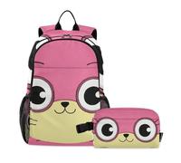 KLL Zaino per la scuola con simpatico volto di gatto in stile cartone animato giallo viola con borsa per il pranzo (scenario) zaini per la scuola per ragazze con scatola per il pranzo età 8-10 anni