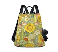 KLL Zaino per laptop leggero da donna con girasoli e cactus in stile occidentale bohémien, per viaggi, lavoro, tutti i giorni, con portachiavi con pompon