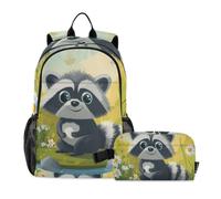 KLL Zaino Per Ragazzi Con Lunch Box Robusto Raccoon Carino | Set di borse scolastiche, borsa per la scuola e portapranzo per ragazzi di età compresa tra 8 e 10 anni