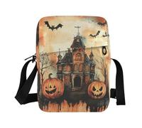 KLL Zucca di Halloween Nero Arancione Spooky Haunted House piccola borsa messenger per le donne Borse a tracolla in pelle vegana Shopping Borsa a tracolla