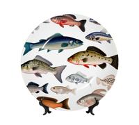 KLLTYHMU Piatto decorativo in porcellana a forma di lisca di pesce diverso da 25,4 cm, piatti decorativi in ceramica, piatto rotondo in porcellana, elegante con espositore, artigianato artistico per