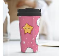 KLLTYHMU Simpatica tazza da viaggio con palline di riso e stelle, da 500 ml, in acciaio inox, isolata, con coperchio nascosto, con anello per il trasporto, tazza termica per uomo e donna