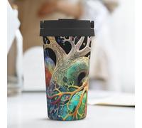 KLLTYHMU Tazza da caffè da viaggio con albero della vita, cuore in fiore, 500 ml, in acciaio inox, isolata, con coperchio nascosto, con anello per il trasporto, tazza termica per uomo e donna