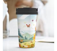 KLLTYHMU Tazza da caffè da viaggio con sole, farfalle, libellula, fiori, 500 ml, in acciaio inox, isolata, con coperchio nascosto per il trasporto, tazza termica per uomini e donne