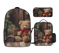 KLLTYHMU Zaino da 3 pezzi per donne e uomini, leggero, casual, borsa a tracolla, set con borsa termica per il pranzo e astuccio organizer per albero di Natale con albero di Natale orso bambola