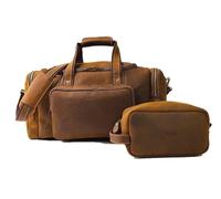 Klondyke II - Borsone da viaggio in vera pelle con articoli da toeletta abbinati, borsone con tracolla regolabile e tracolle trolley. Borsa portabiancheria inclusa, Marrone, Carry-On, Borsone e