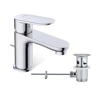 KLUDI - X1 rubinetto cromato con scarico a tiranti, rubinetto a risparmio idrico per bagno misura S, altezza erogatore 75 mm, cartuccia in ceramica, miscelatore lavabo con tubi di collegamento