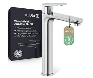 KLUDI - X1 rubinetto per lavabo, altezza 210 mm, rubinetto a risparmio acqua, misura XL, cartuccia in ceramica, miscelatore lavandino con tubi di collegamento cromati
