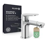 KLUDI - X1 rubinetto per lavabo con scarico a tirante, altezza erogatore 75 mm, rubinetto a risparmio idrico taglia S, cartuccia in ceramica, miscelatore lavabo con tubi di collegamento cromati