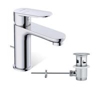 KLUDI - X1 rubinetto per lavabo cromato con scarico a tiranti, rubinetto a risparmio idrico misura M, altezza erogatore 95 mm, cartuccia in ceramica, miscelatore lavabo con tubi di collegamento