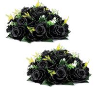 KLUFO Fiori artificiali di rose nere 2 Bouquet di fiori finti Fiori artificiali di ortensie nere, 15 rose finte con base, sembra vero Fiori artificiali neri (nero)