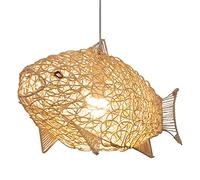 KLUFO Luce a sospensione a forma di pesce lanterna in vimini naturale tessitura, illuminazione a sospensione in rattan, luce a sospensione regolabile in altezza per ristorante, soggiorno, sala da