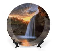 KLWQR Piatto decorativo in porcellana Bone China con cascata al tramonto, piatti decorativi in ceramica con espositore da 15,2 cm, fatto a mano, decorazione artistica da parete per casa, cucina