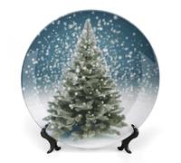 KLWQR Piatto decorativo in porcellana Bone China Merry Christmas Pine Tree Piatti decorativi in ceramica con espositore da 17,8 cm in ceramica fatta a mano ornamento da parete per casa cucina camera