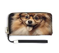 KLWQR Portafogli in pelle impermeabile con cerniera intorno alla pochette con cane di Pomerania che indossa occhiali porta carte di credito pochette per donne