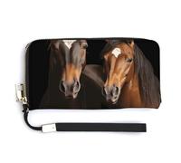 KLWQR Portafogli in pelle impermeabile con cerniera intorno alla pochette due cavalli in piedi su sfondo nero porta carte di credito pochette per donne signore