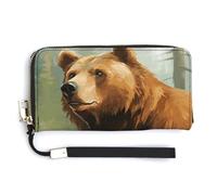 KLWQR Portafogli in pelle impermeabile con cerniera intorno alla pochette marrone orso acqua e alberi porta carte di credito pochette per donne signore