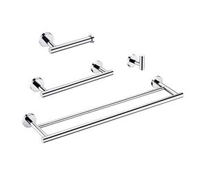 KLXHOME BS01C4 - Set di 4 accessori da bagno in acciaio inox lucido, montaggio a parete, include doppio portasciugamani e porta asciugamani, porta carta igienica, gancio per accappatoio, 4 pezzi