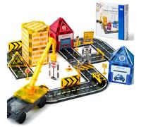 klyneco Set di piastrelle magnetiche da viaggio con veicoli da costruzione e auto, confezione da 55 blocchi magnetici con segnali stradali, semaforo e binario, età 3-8 anni, ottimo regalo