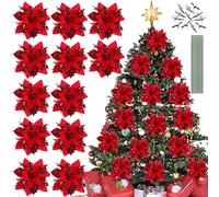 KLYNGTSK 12 PZ Fiori Albero Di Natale Rossi, Decorazioni Fiore di Natali Rosso Fiori Grandi per Albero di Natale Artificiali Fiori dell'albero di Natale Glitter Natale Poinsettia Fiore per Decorazioni