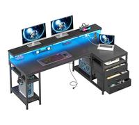 Klyvvo Scrivania Angolare con 3 Cassetti, 120x80 Gaming Scrivania a L con LED, Supporto per Monitor, 2 Presa 2 USB Integrata, Tavolo per Lavorare e Studiare,per Ufficio,Studio e Camera da Letto, Nero