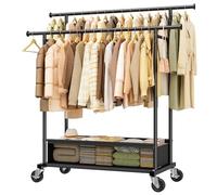 Klyvvo Stand Appendiabiti con Ruote e Cesto Della Biancheria, 110 kg Doppio Appendiabiti con Rotelle per Vestiti, Giacche,Maglioni,Cappotti,Cappotti Invernali,Porta Abiti,Soluzione di Emergenza,Nero