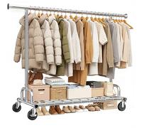 Klyvvo Stand Appendiabiti con Ruote, Penderie Estensibile per Carichi Pesanti, Portata Tot 150kg, Rella Appendiabiti con Ruote con Ripiano, per Presentazione, Stoccaggio, Camera, Argento, 55x189x178